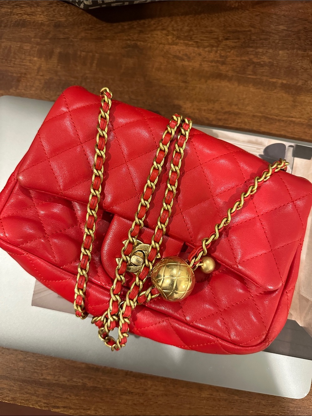 Red Quilted Chain Shoulder Bag - Gold Hardware